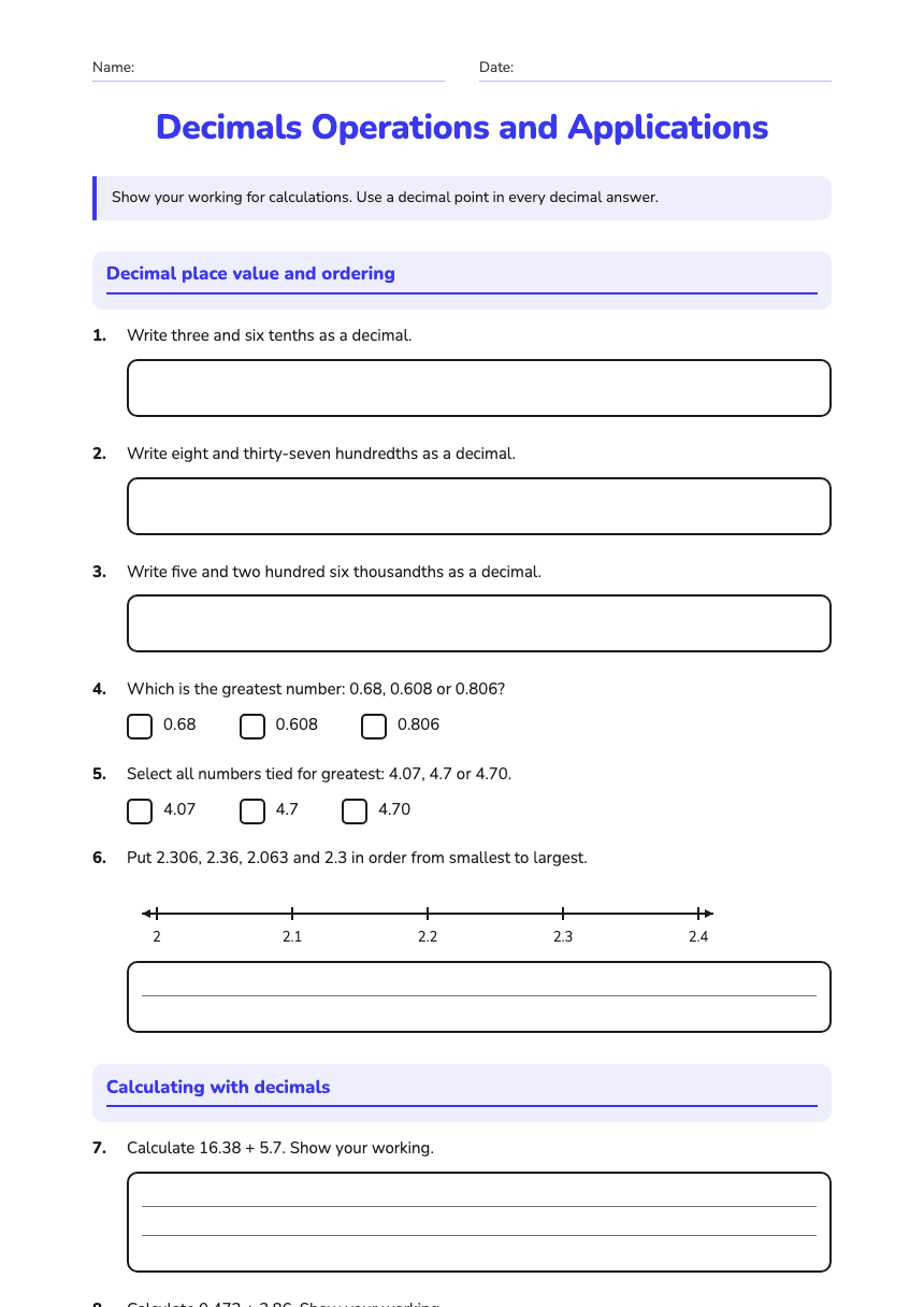 Decimals Operations and Applications worksheet preview