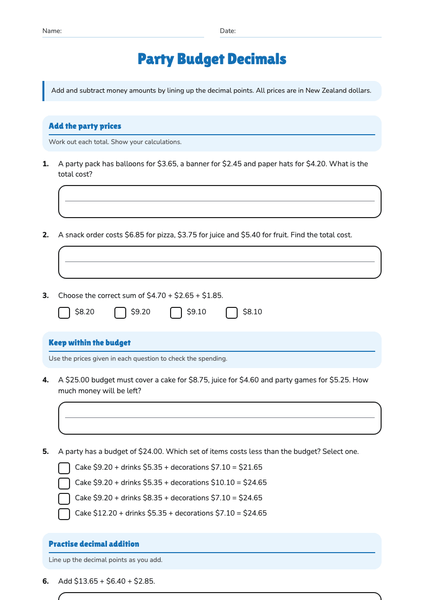 Party Budget Decimals worksheet preview