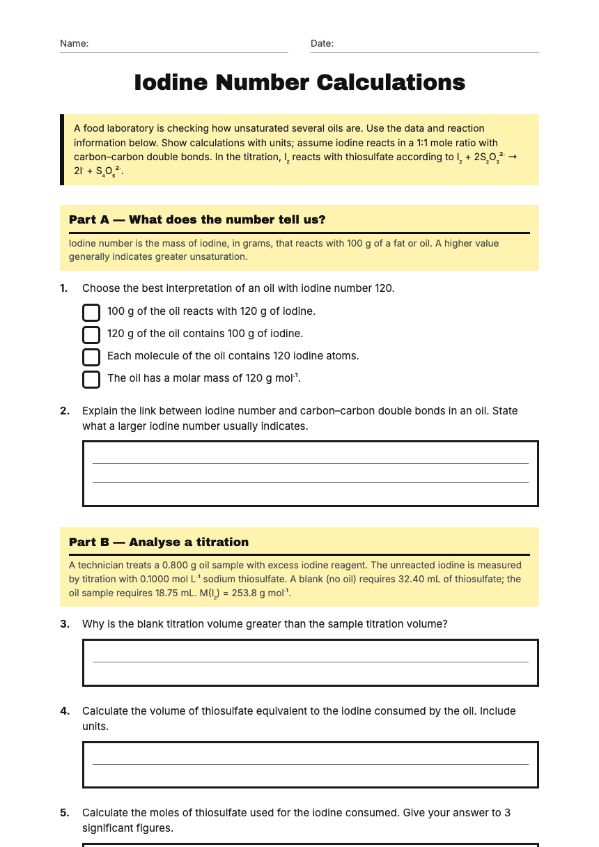Iodine Number Calculations worksheet preview