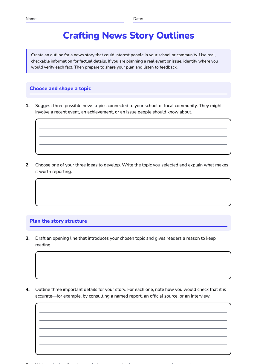 Crafting News Story Outlines worksheet preview