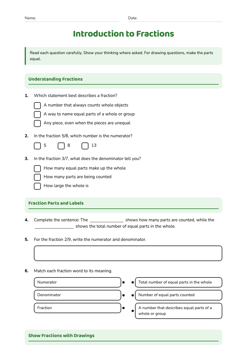 Introduction to Fractions worksheet preview