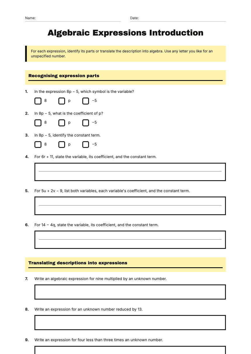 Algebraic Expressions Introduction worksheet preview
