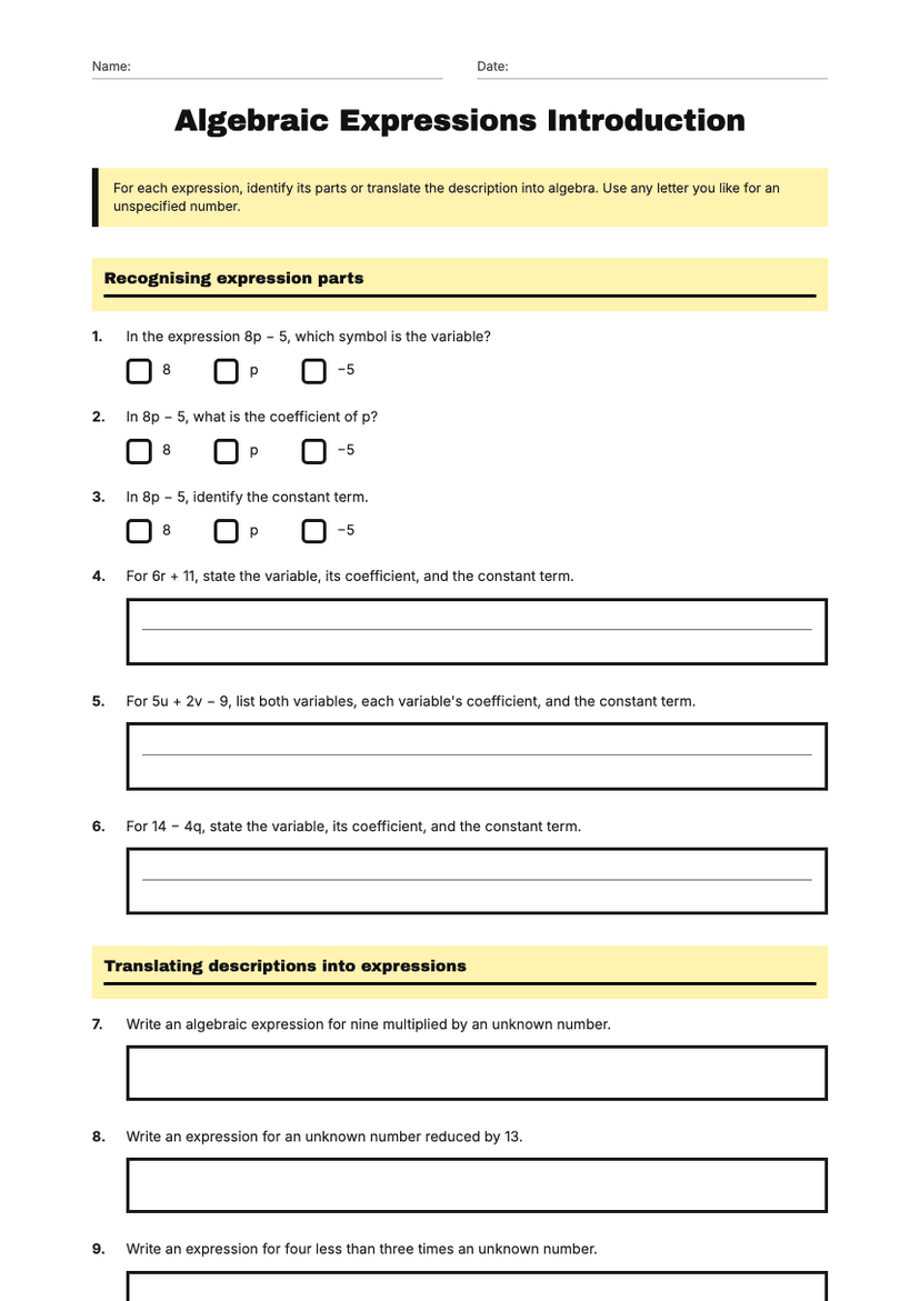 Algebraic Expressions Introduction