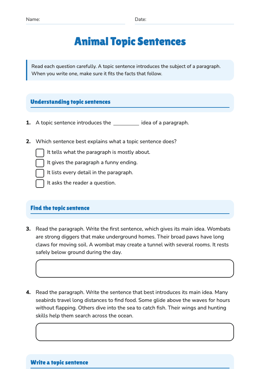 Animal Topic Sentences worksheet preview