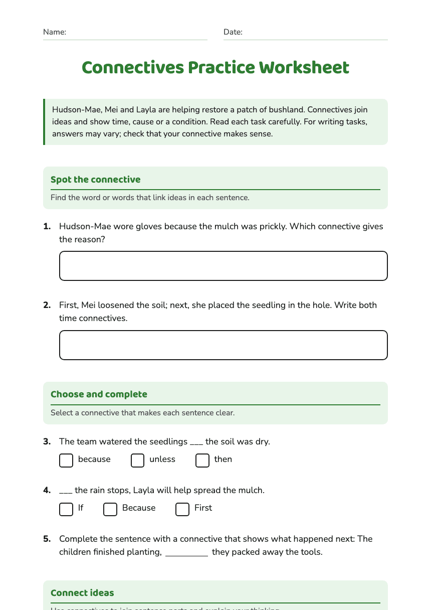 Connectives Practice Worksheet worksheet preview