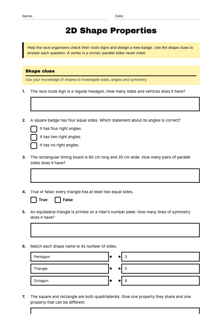 2D Shape Properties worksheet preview
