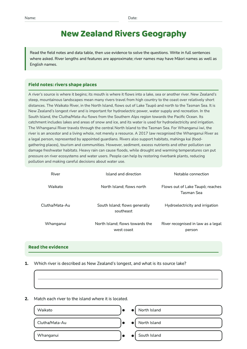 New Zealand Rivers Geography worksheet preview