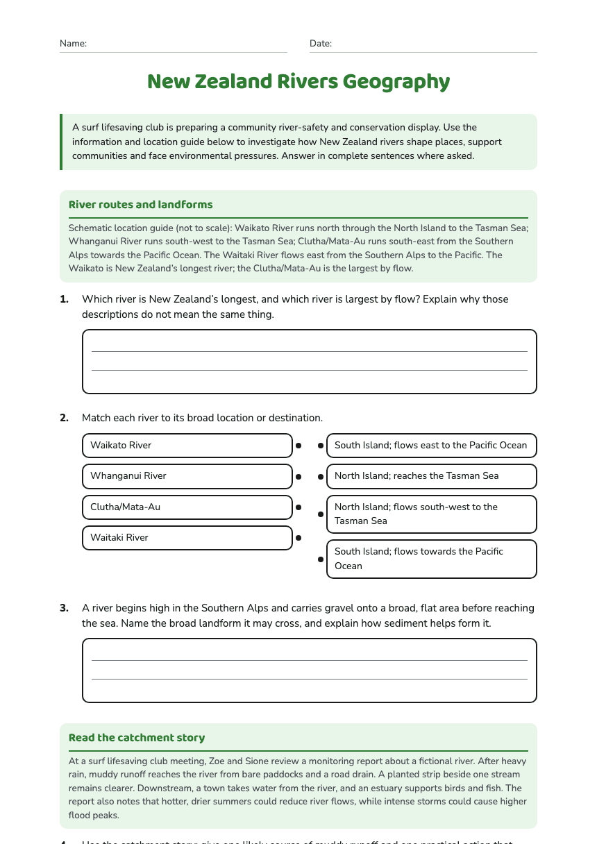 New Zealand Rivers Geography worksheet preview