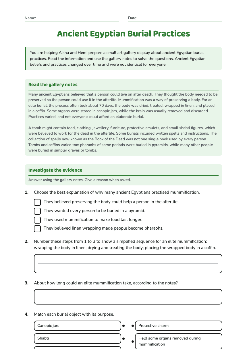Ancient Egyptian Burial Practices worksheet preview