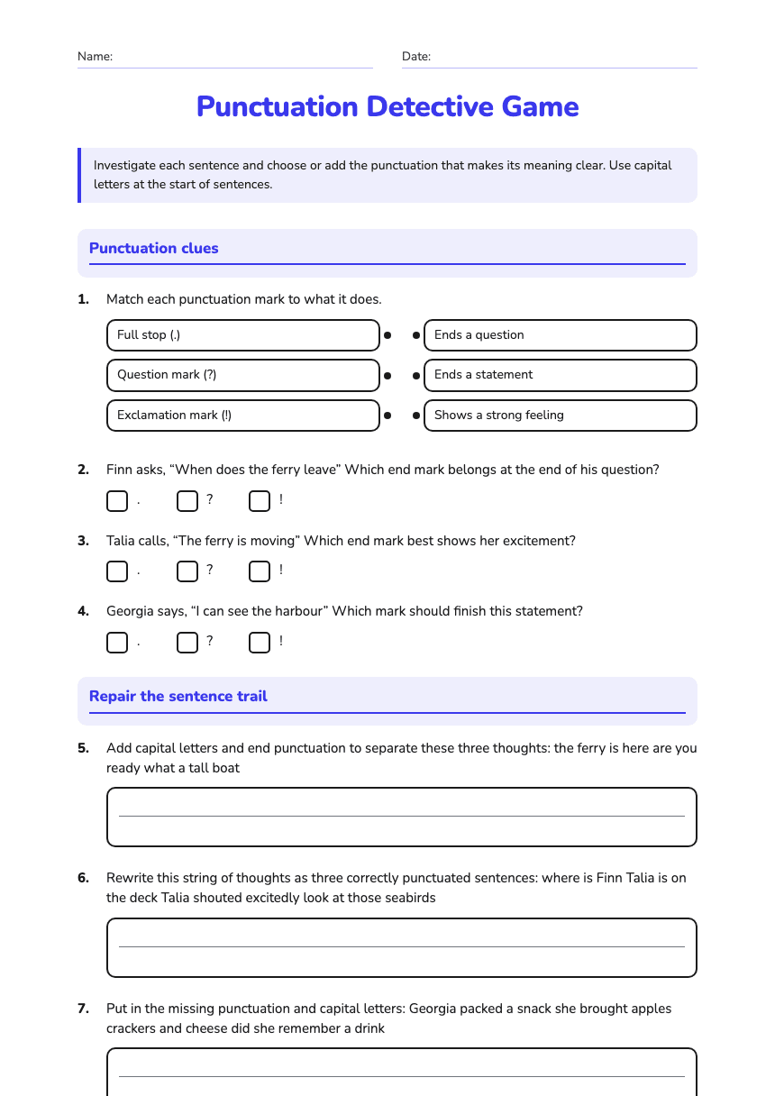 Punctuation Detective Game worksheet preview