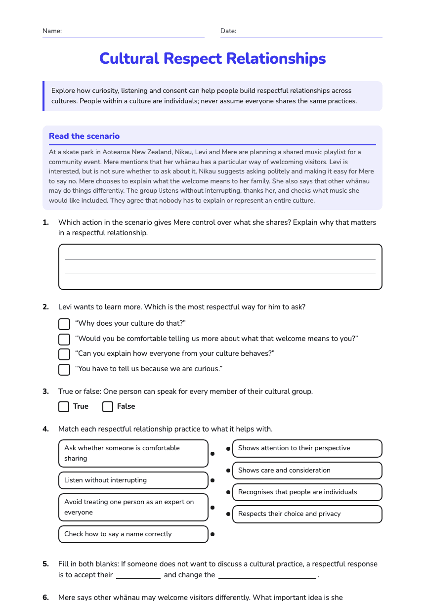 Cultural Respect Relationships worksheet preview