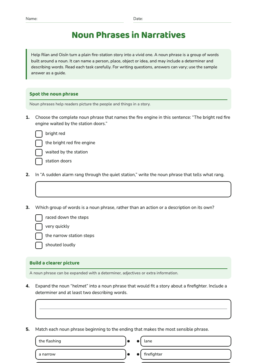 Noun Phrases in Narratives worksheet preview