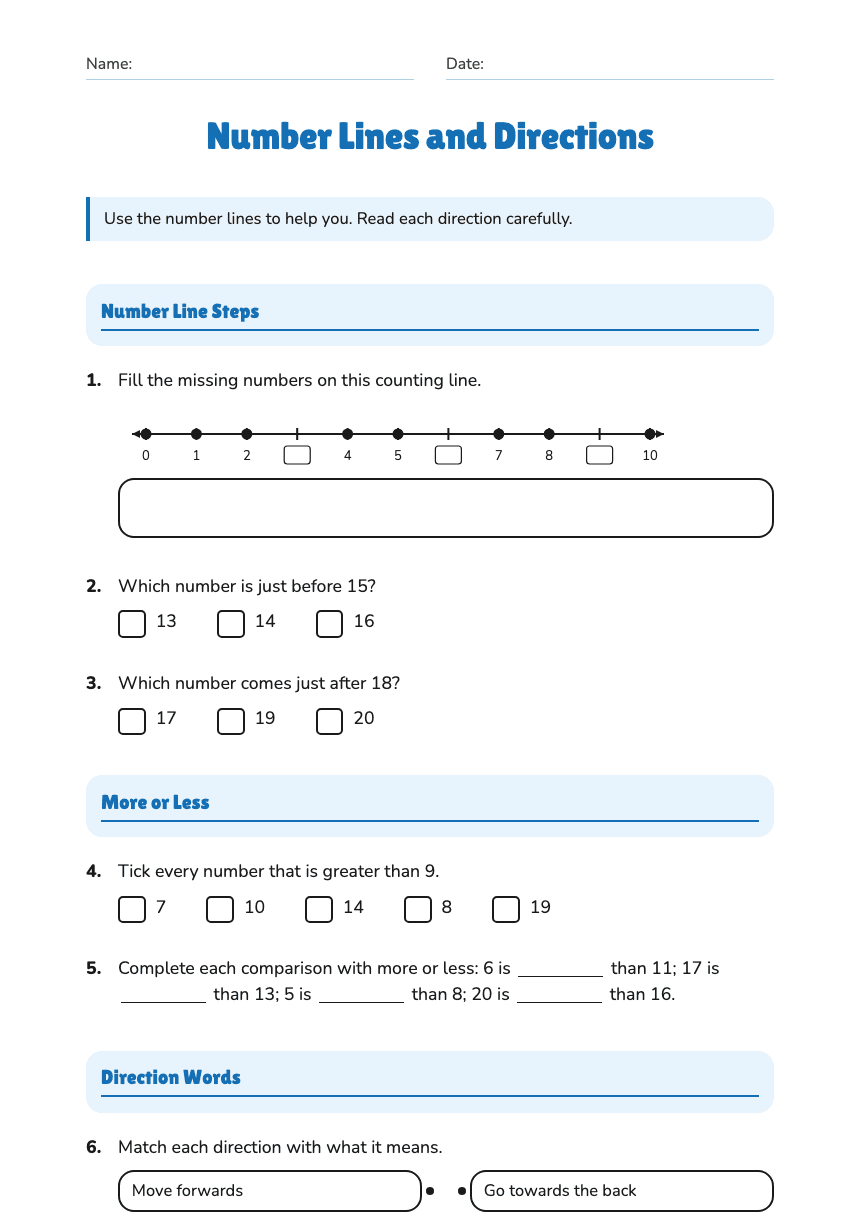 Number Lines and Directions worksheet preview