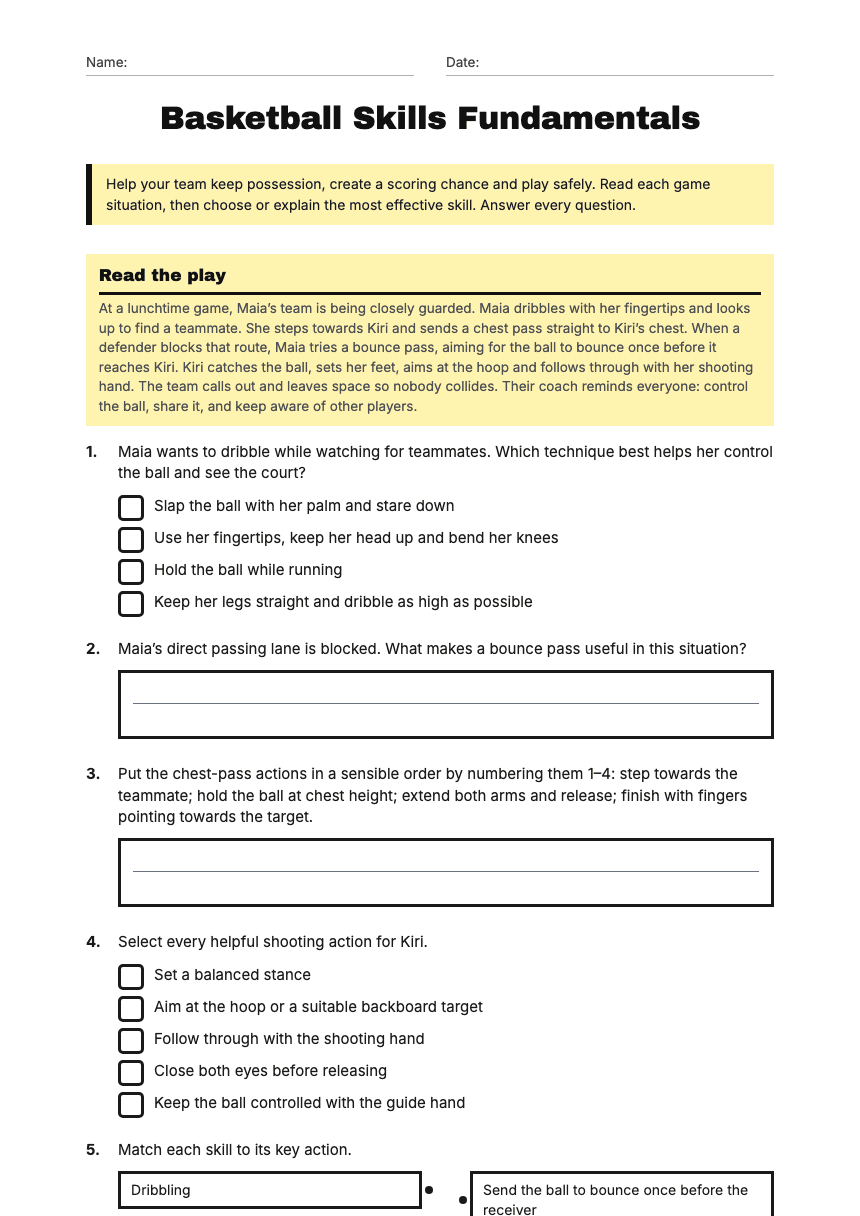 Basketball Skills Fundamentals worksheet preview