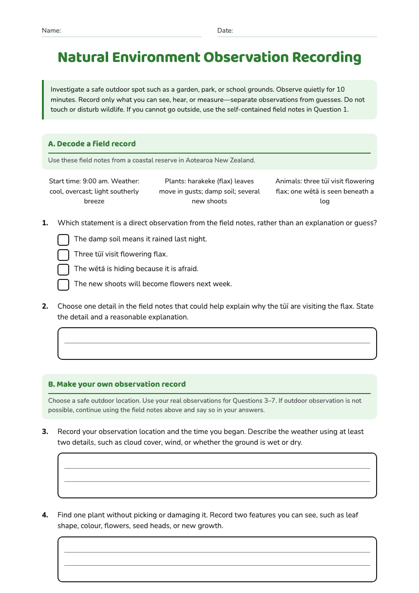 Natural Environment Observation Recording worksheet preview