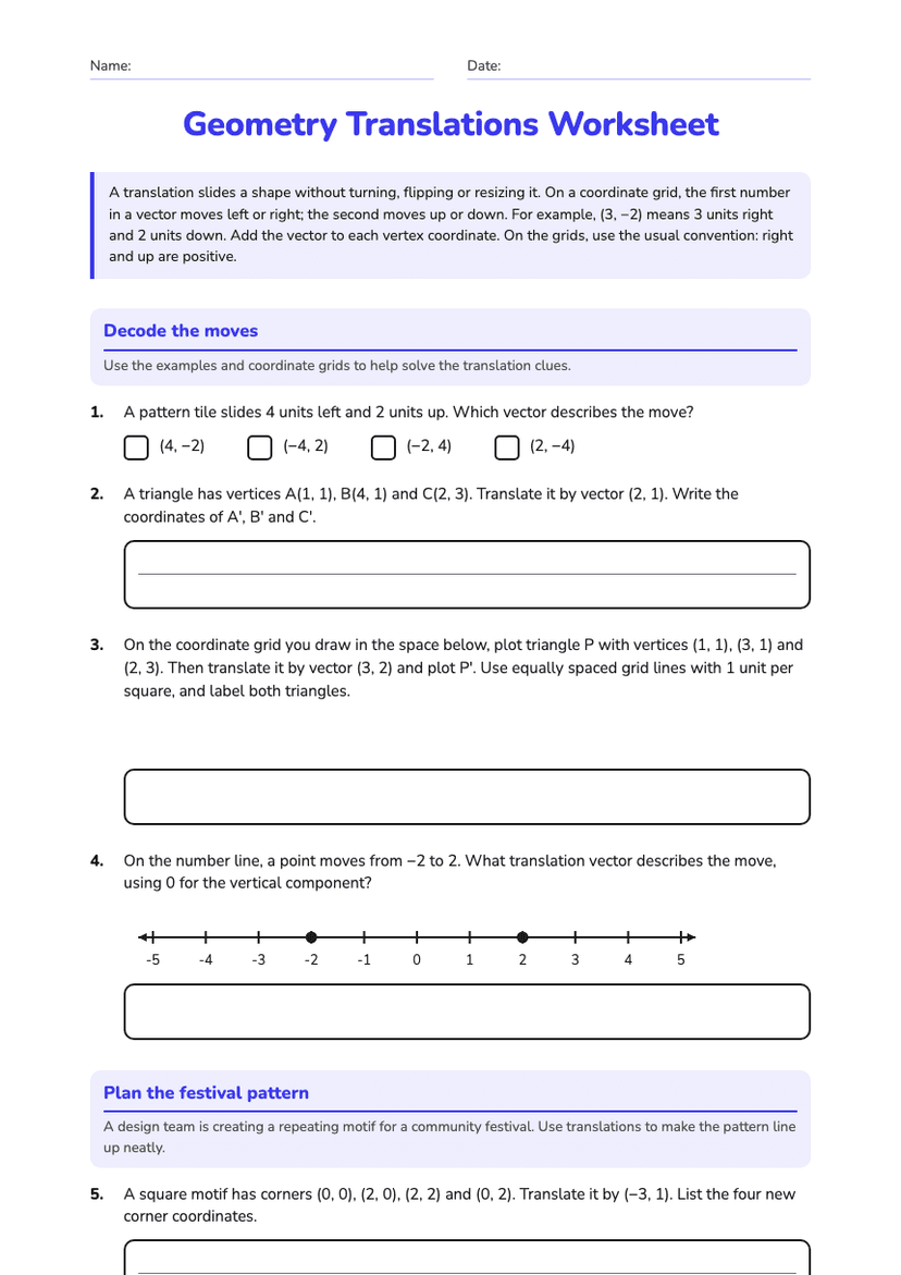 Geometry Translations Worksheet