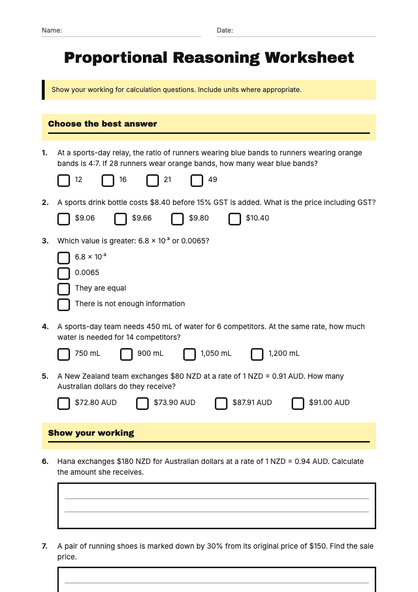Proportional Reasoning Worksheet worksheet preview