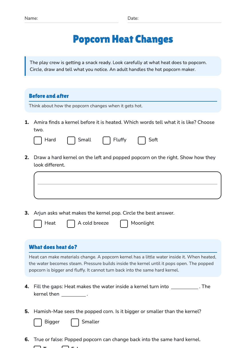 Popcorn Heat Changes worksheet preview