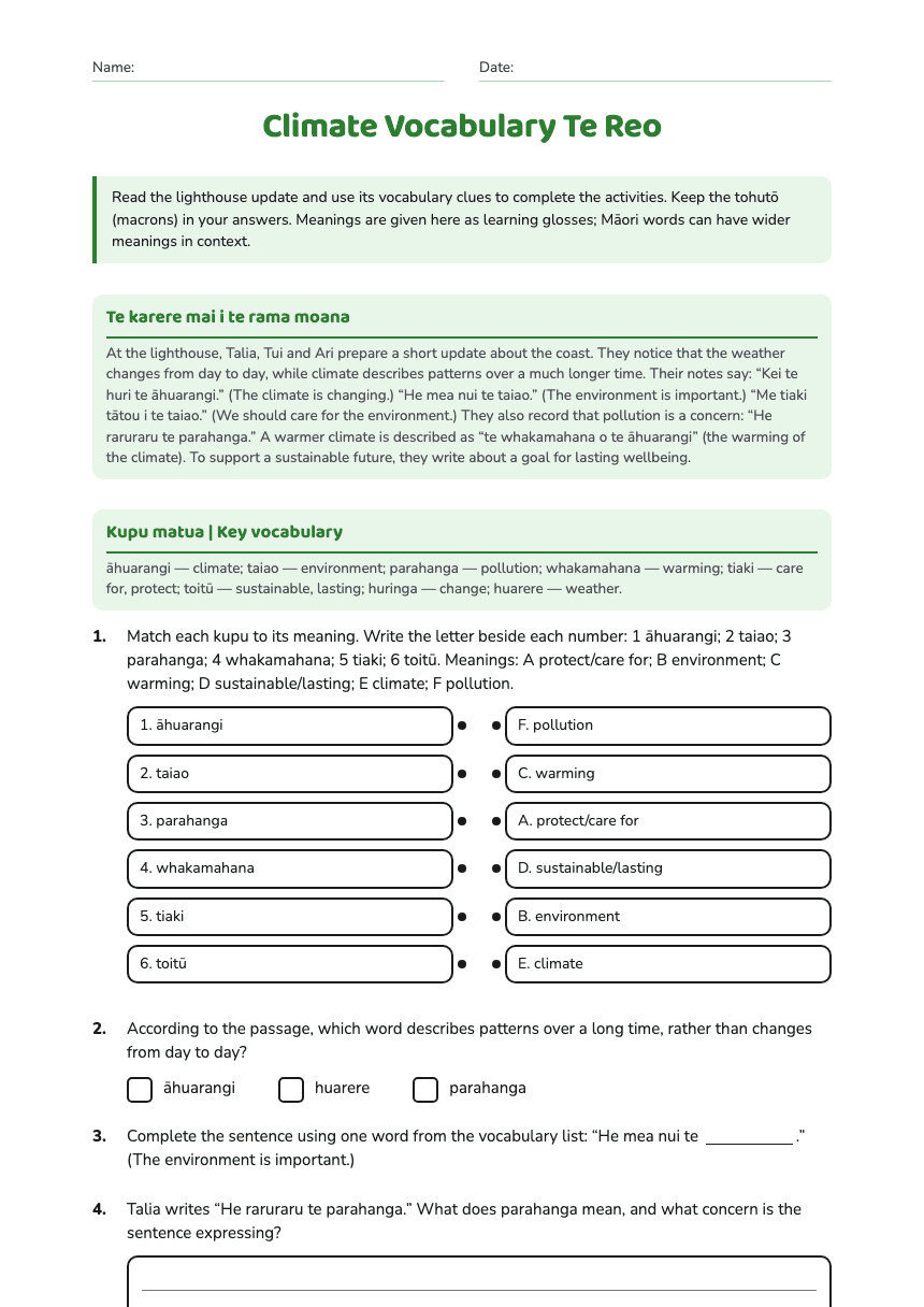 Climate Vocabulary Te Reo worksheet preview