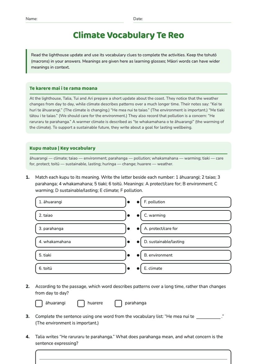Climate Vocabulary Te Reo