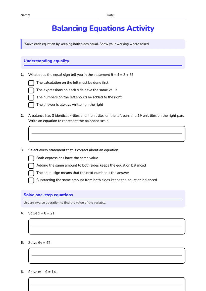 Balancing Equations Activity