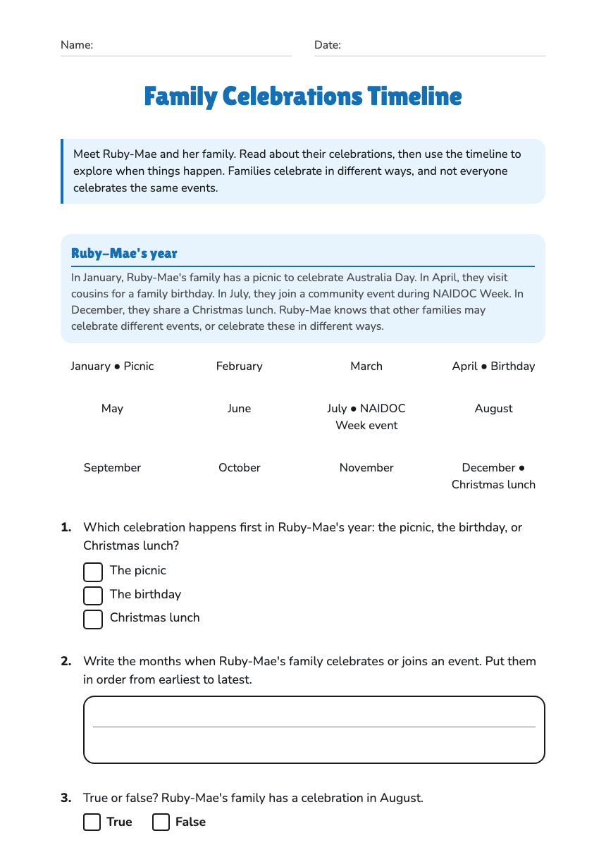 Family Celebrations Timeline worksheet preview