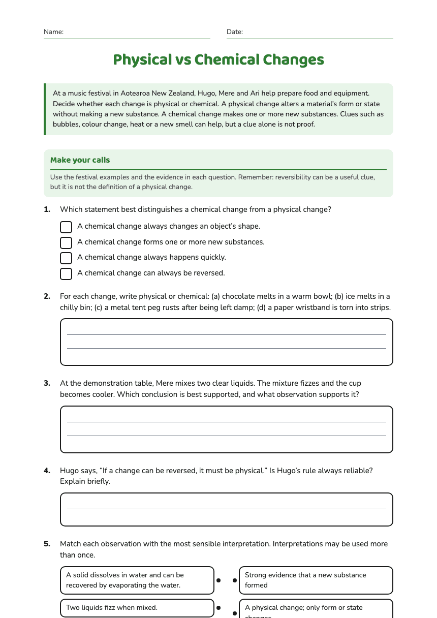 Physical vs Chemical Changes worksheet preview