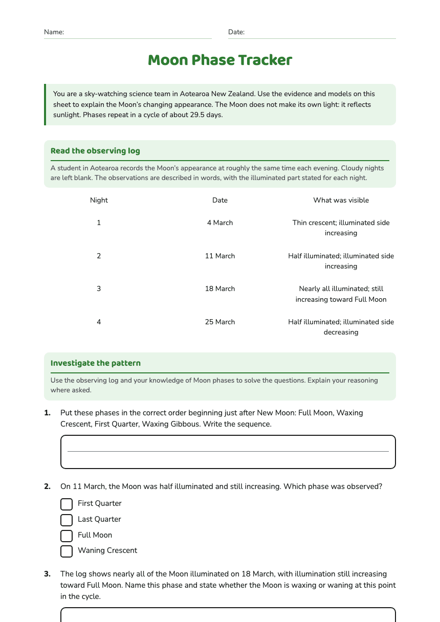 Moon Phase Tracker worksheet preview