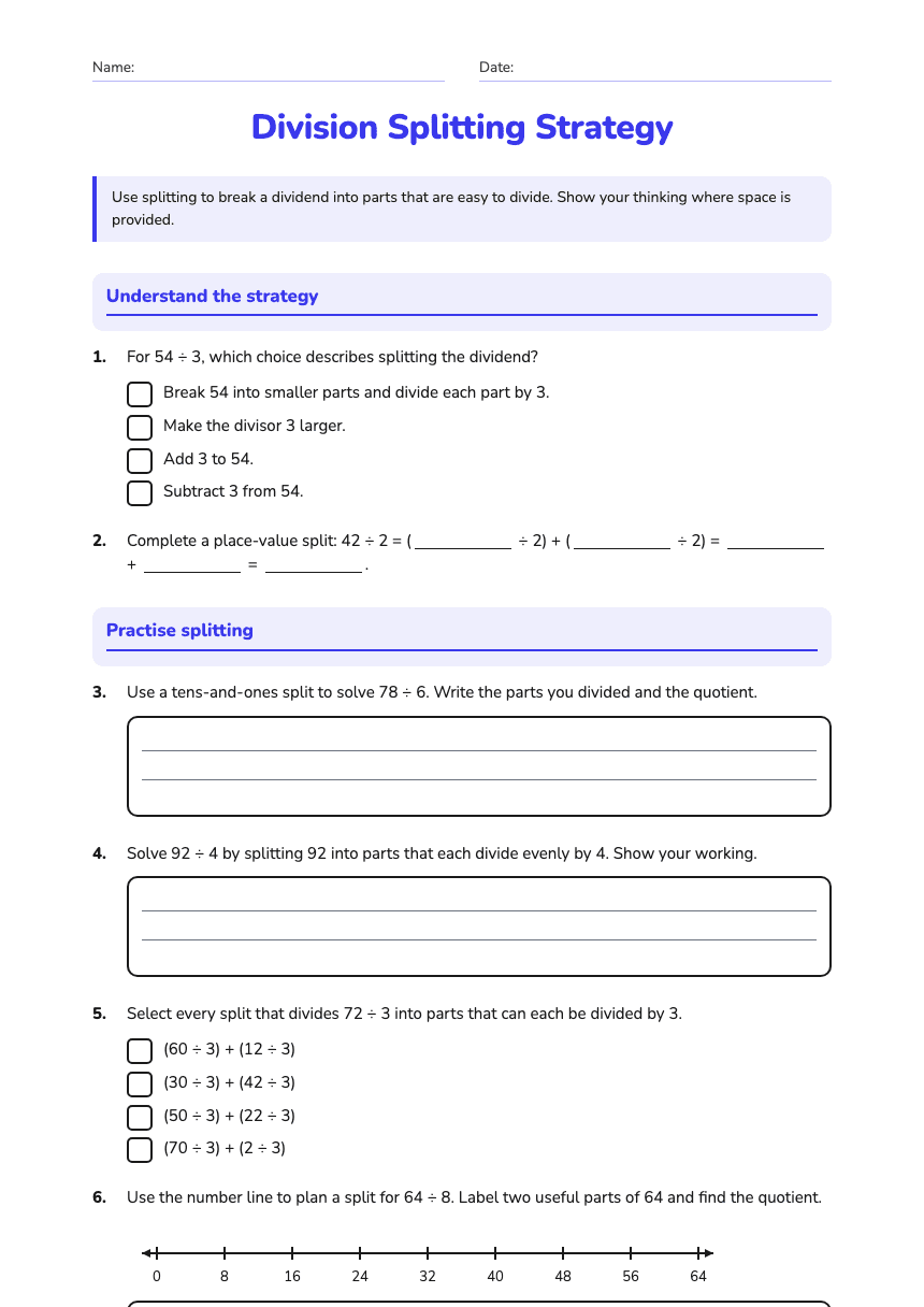 Division Splitting Strategy worksheet preview