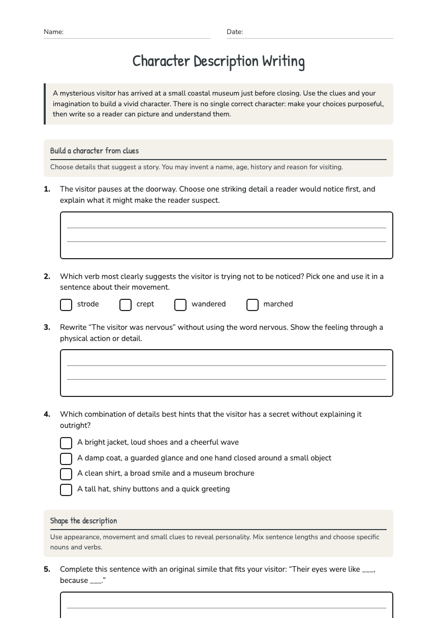 Character Description Writing worksheet preview
