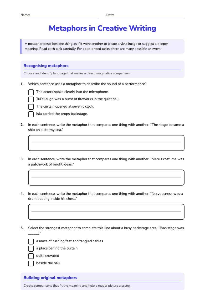 Metaphors in Creative Writing worksheet preview