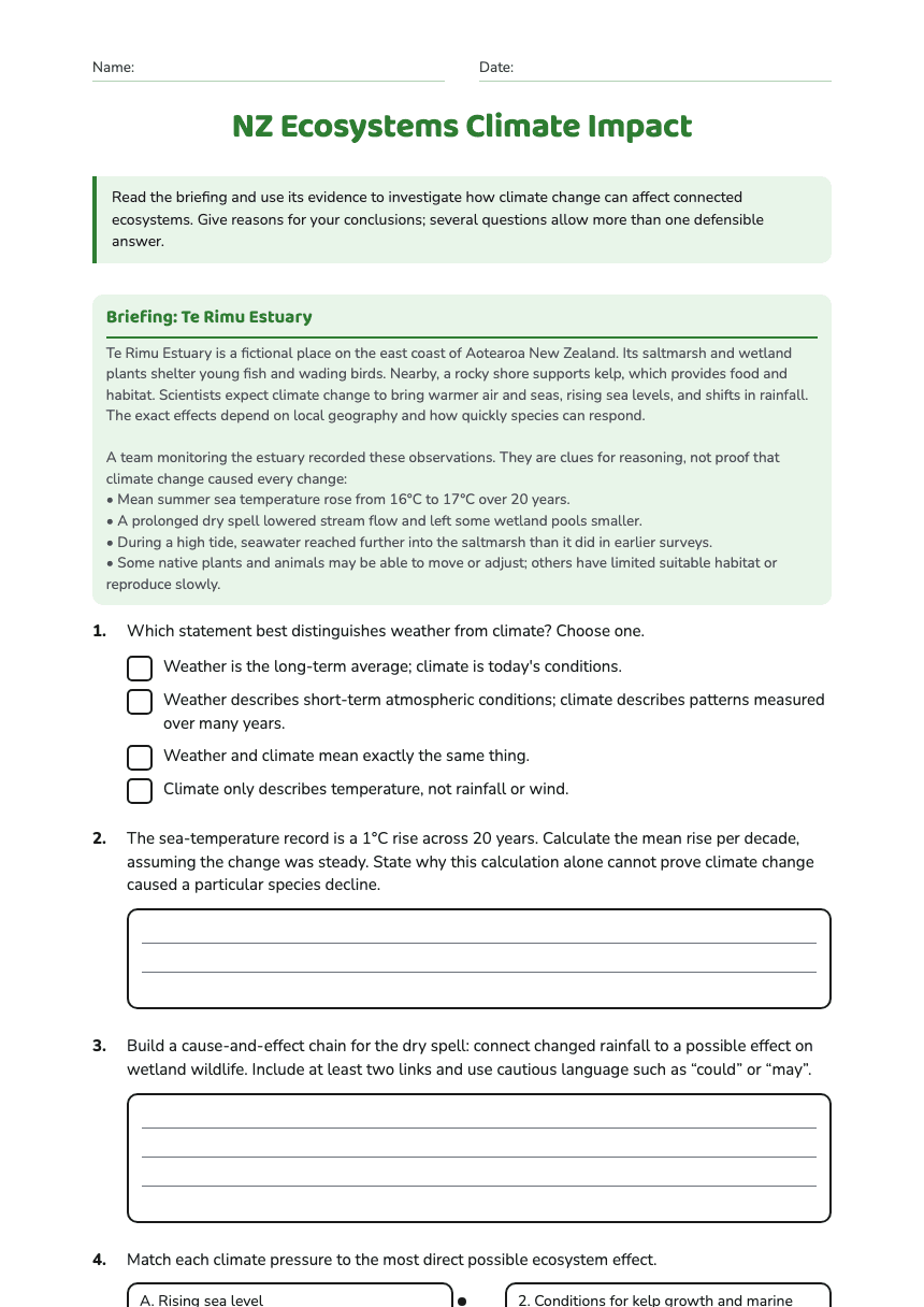 NZ Ecosystems Climate Impact worksheet preview