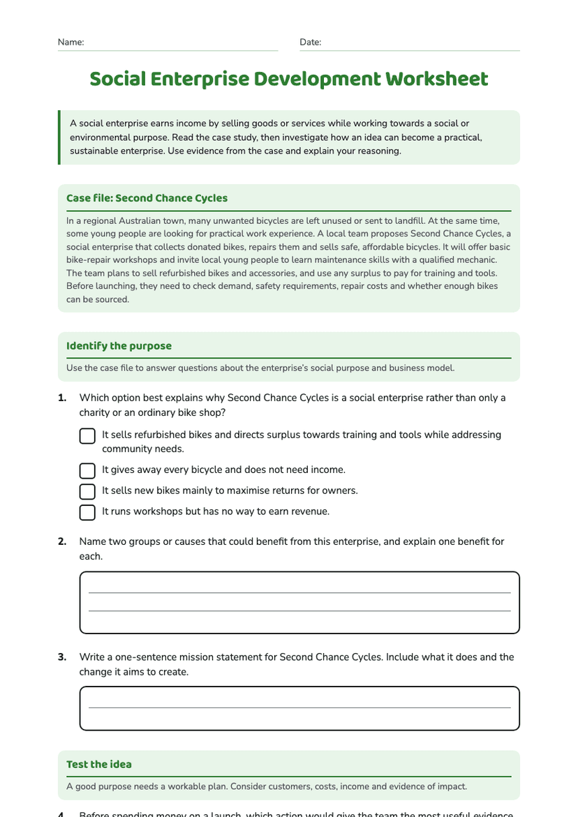 Social Enterprise Development Worksheet