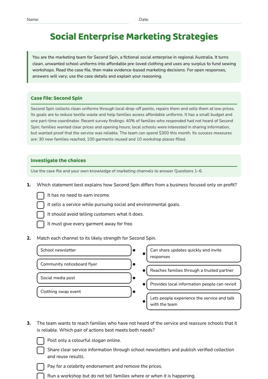 Social Enterprise Marketing Strategies worksheet preview