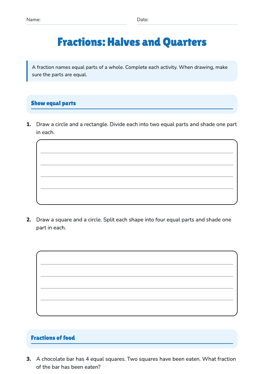 Fractions: Halves and Quarters worksheet preview