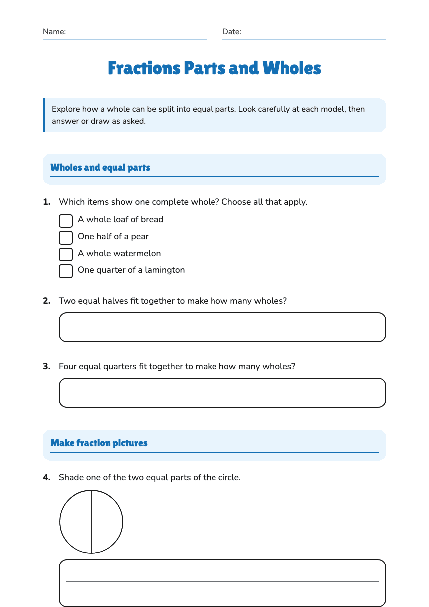 Fractions Parts and Wholes worksheet preview