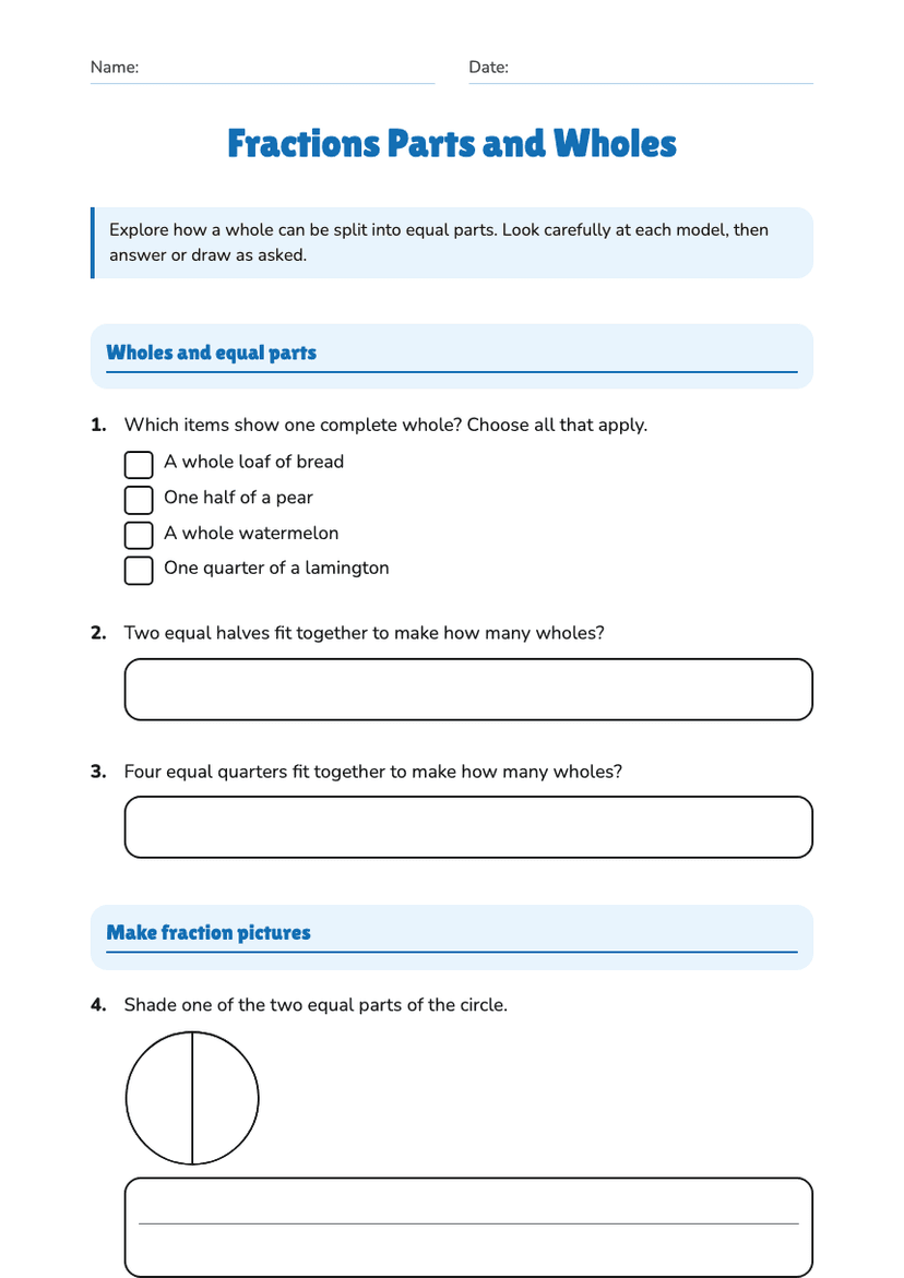 Fractions Parts and Wholes