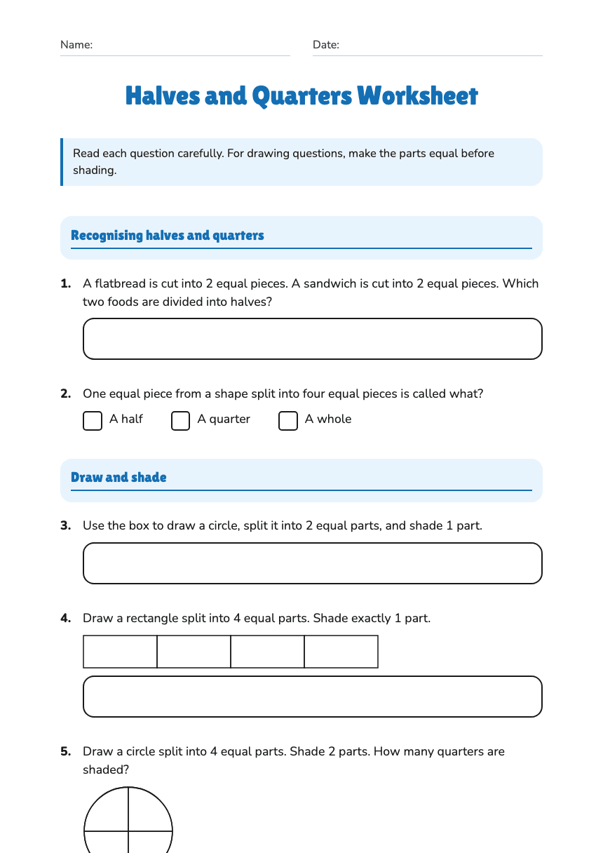 Halves and Quarters Worksheet worksheet preview