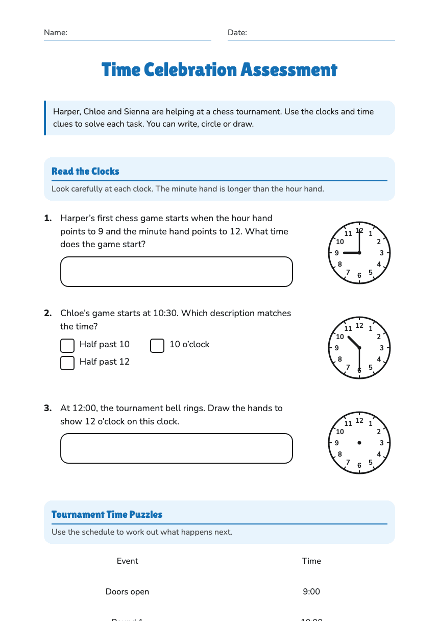 Time Celebration Assessment worksheet preview