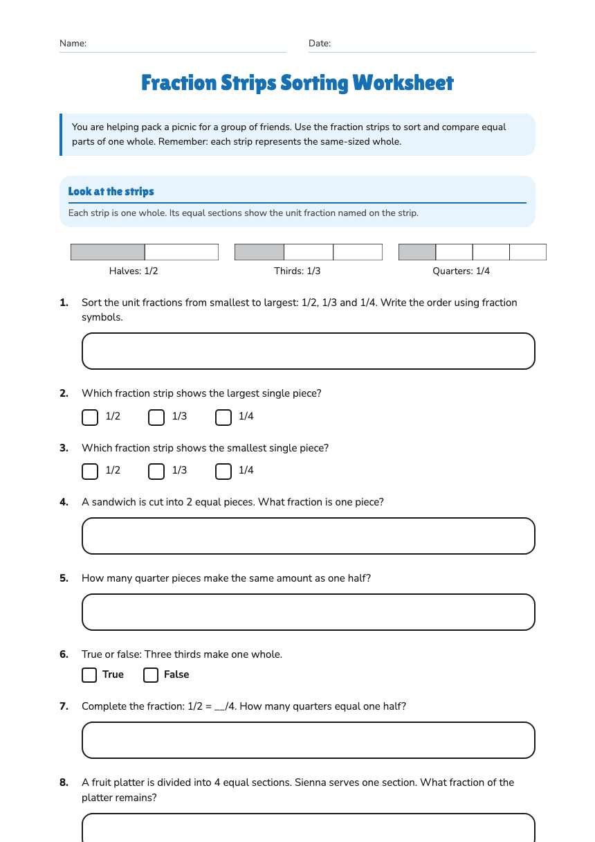 Fraction Strips Sorting Worksheet worksheet preview