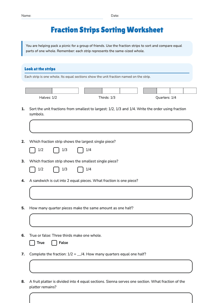 Fraction Strips Sorting Worksheet