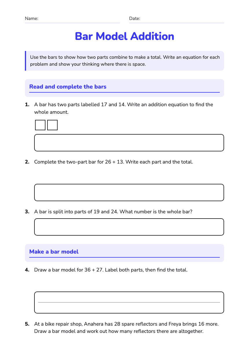 Bar Model Addition worksheet preview