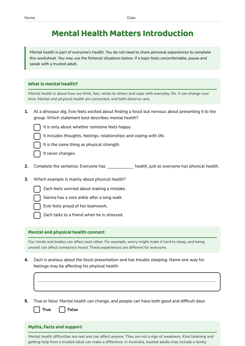 Mental Health Matters Introduction worksheet preview