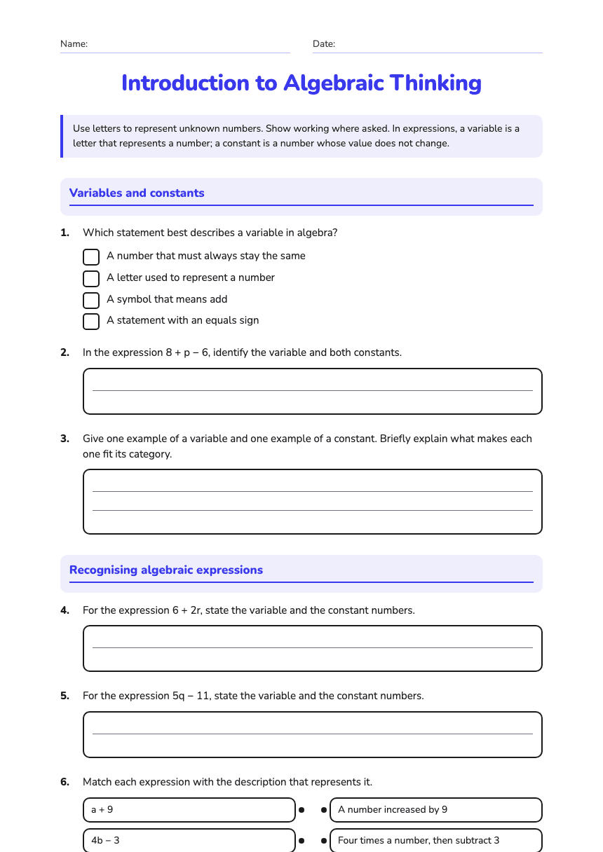 Introduction to Algebraic Thinking worksheet preview