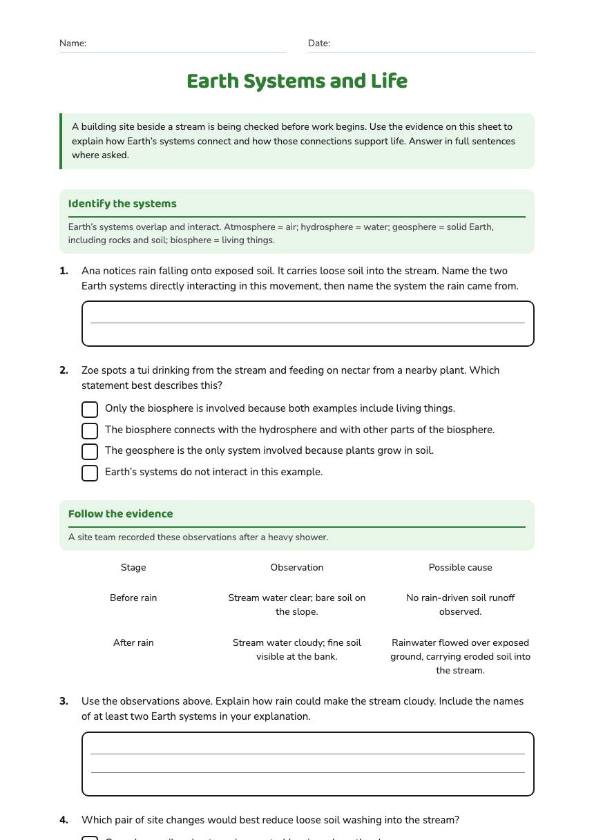 Earth Systems and Life worksheet preview