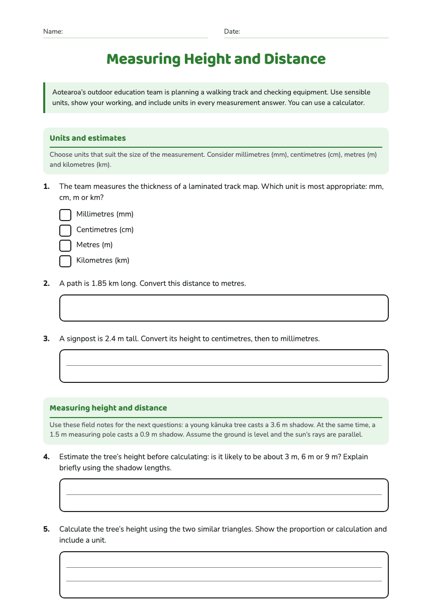 Measuring Height and Distance worksheet preview