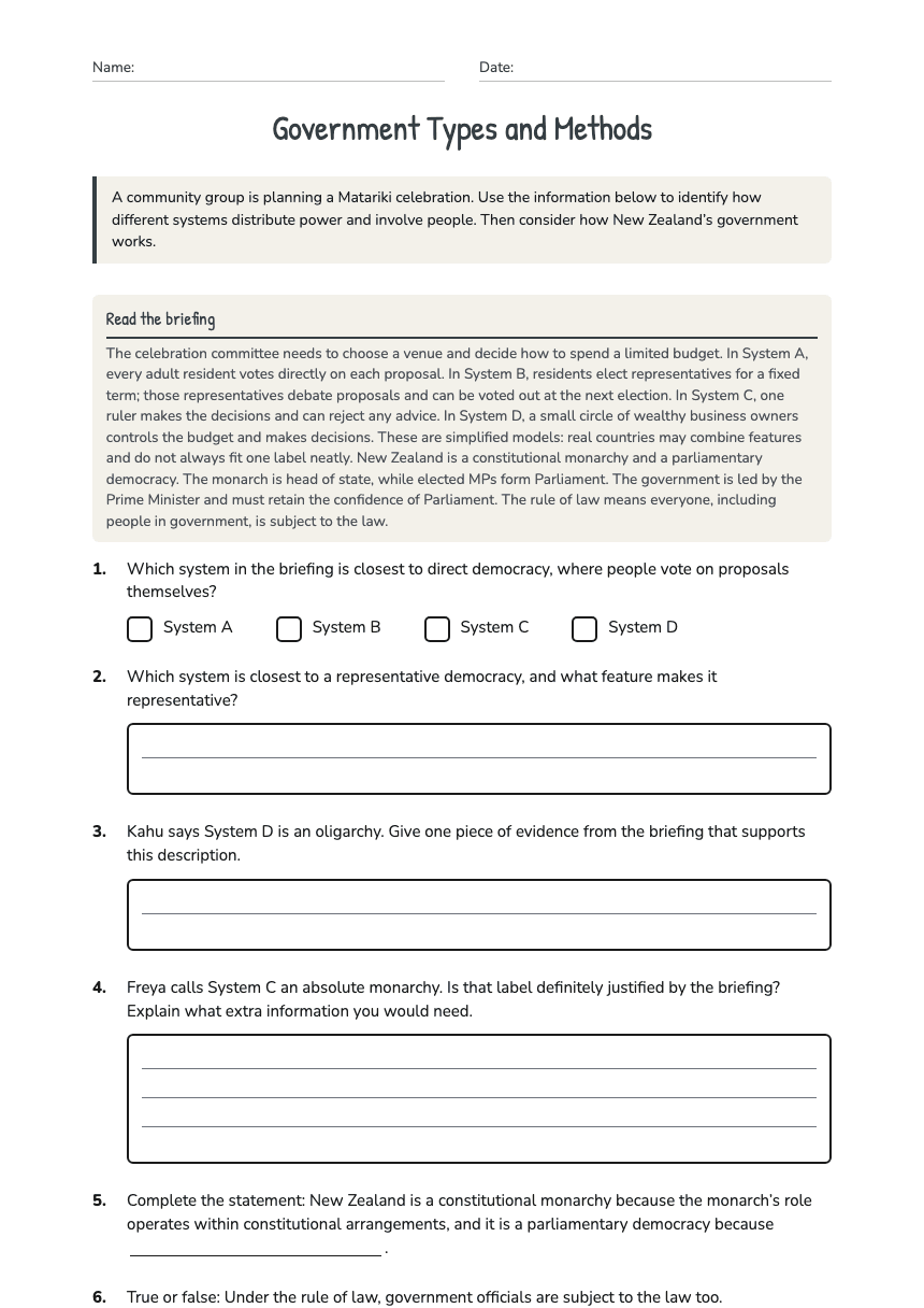 Government Types and Methods worksheet preview