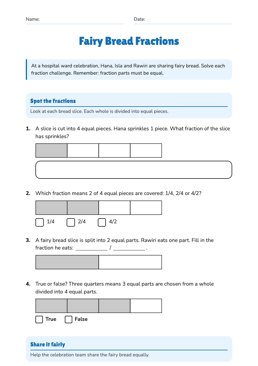Fairy Bread Fractions worksheet preview