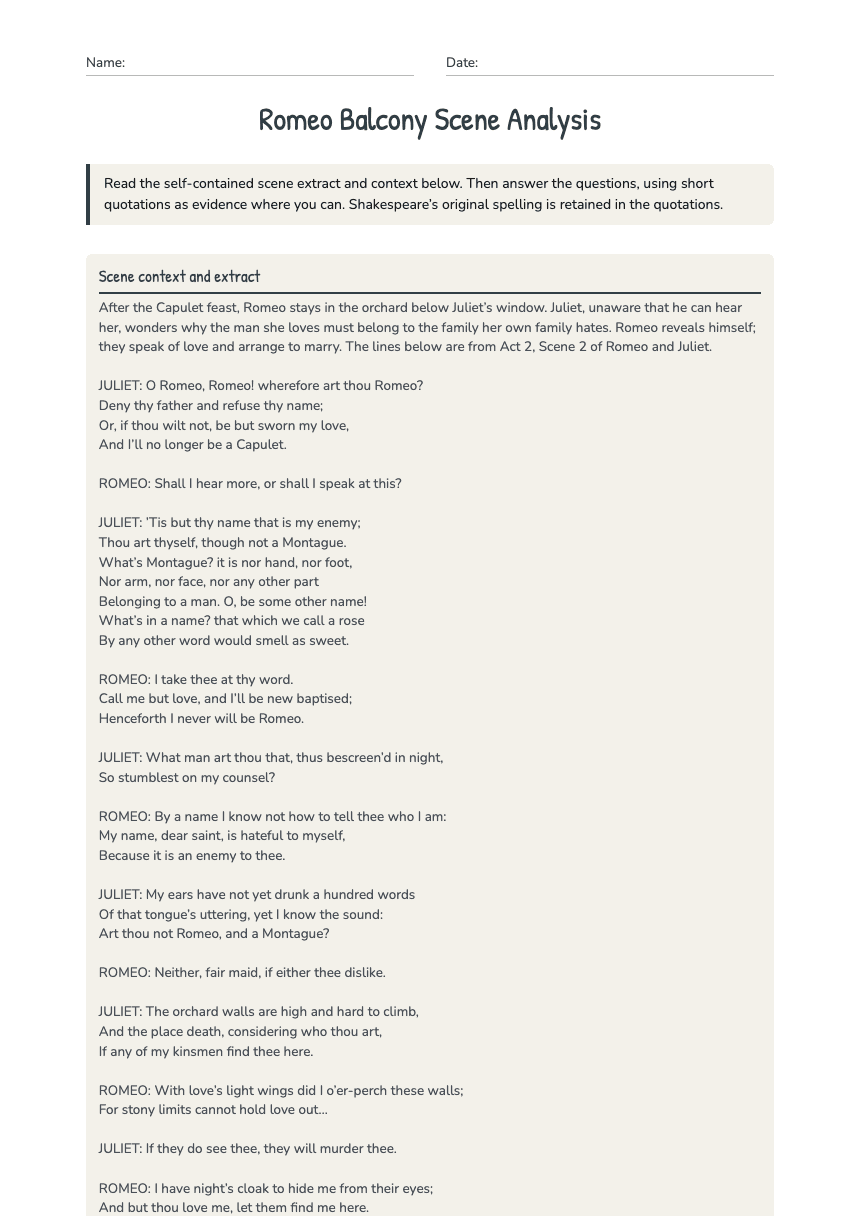 Romeo Balcony Scene Analysis worksheet preview