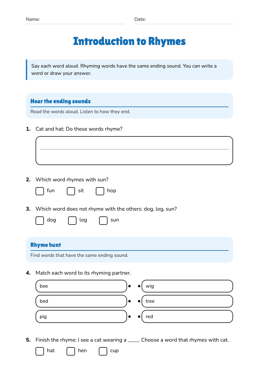Introduction to Rhymes worksheet preview
